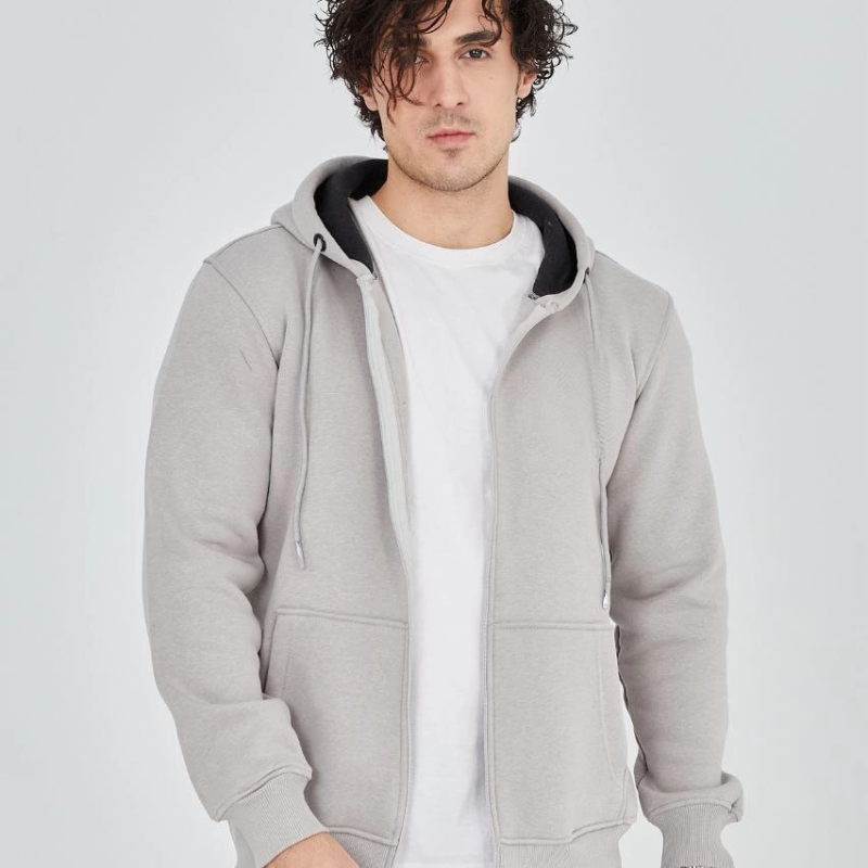 Tam Fermuarlı Kapşonlu  SweatShirt - Boyalı Gri